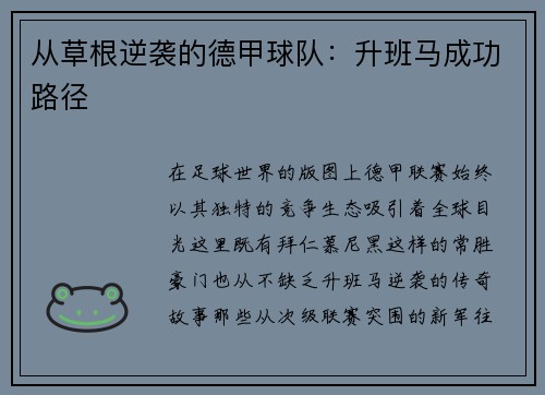 从草根逆袭的德甲球队：升班马成功路径
