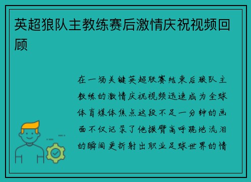 英超狼队主教练赛后激情庆祝视频回顾