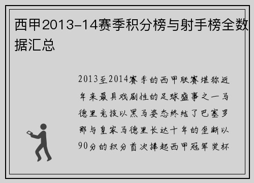 西甲2013-14赛季积分榜与射手榜全数据汇总
